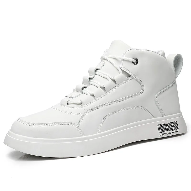 Men's white mid-top casual lace-up shoes with round toe and rubber sole.