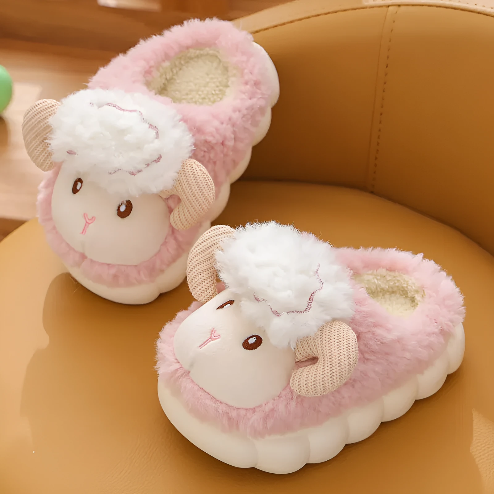 Children's fluffy cartoon slippers with plush upper and PVC sole in pink and beige