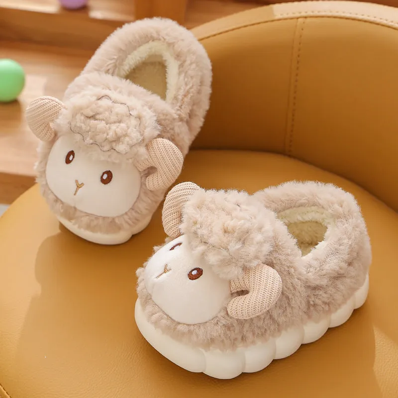 Children's fluffy cartoon slippers with plush upper and PVC sole in pink and beige
