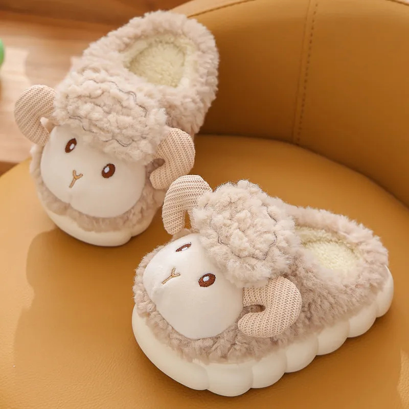 Children's fluffy cartoon slippers with plush upper and PVC sole in pink and beige