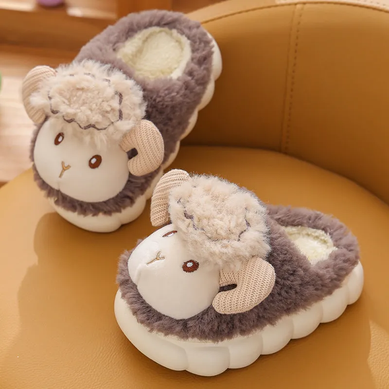 Children's fluffy cartoon slippers with plush upper and PVC sole in pink and beige
