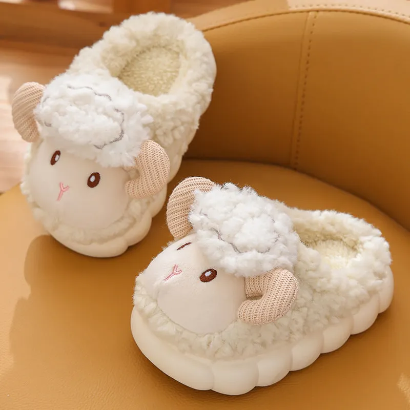 Children's fluffy cartoon slippers with plush upper and PVC sole in pink and beige