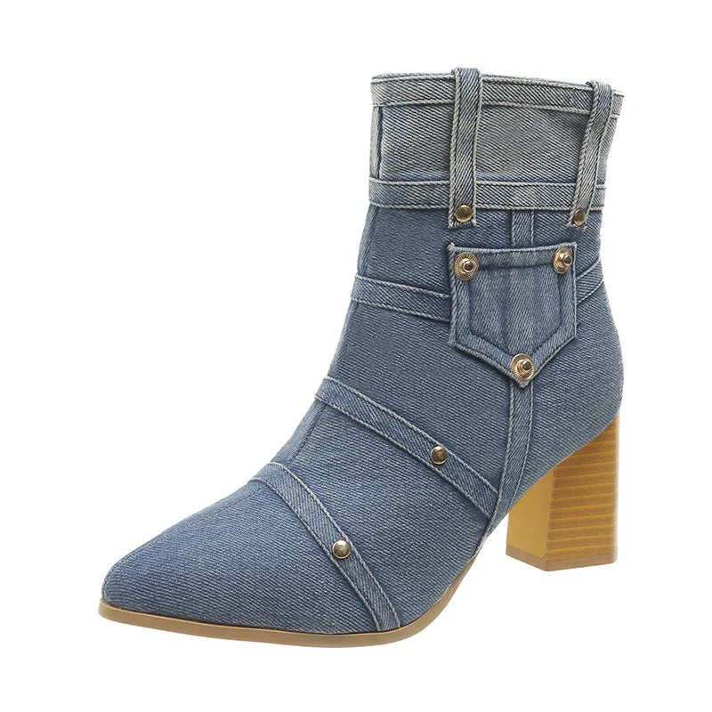 Women's denim pointed toe chunky heel Martin boots in black with artificial PU upper and rubber sole