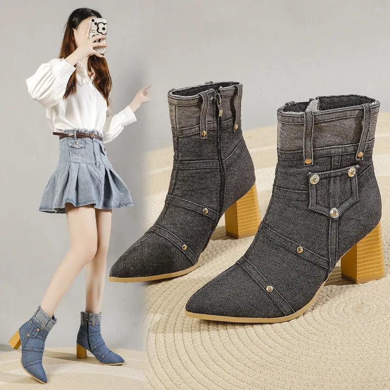 Women's denim pointed toe chunky heel Martin boots in black with artificial PU upper and rubber sole