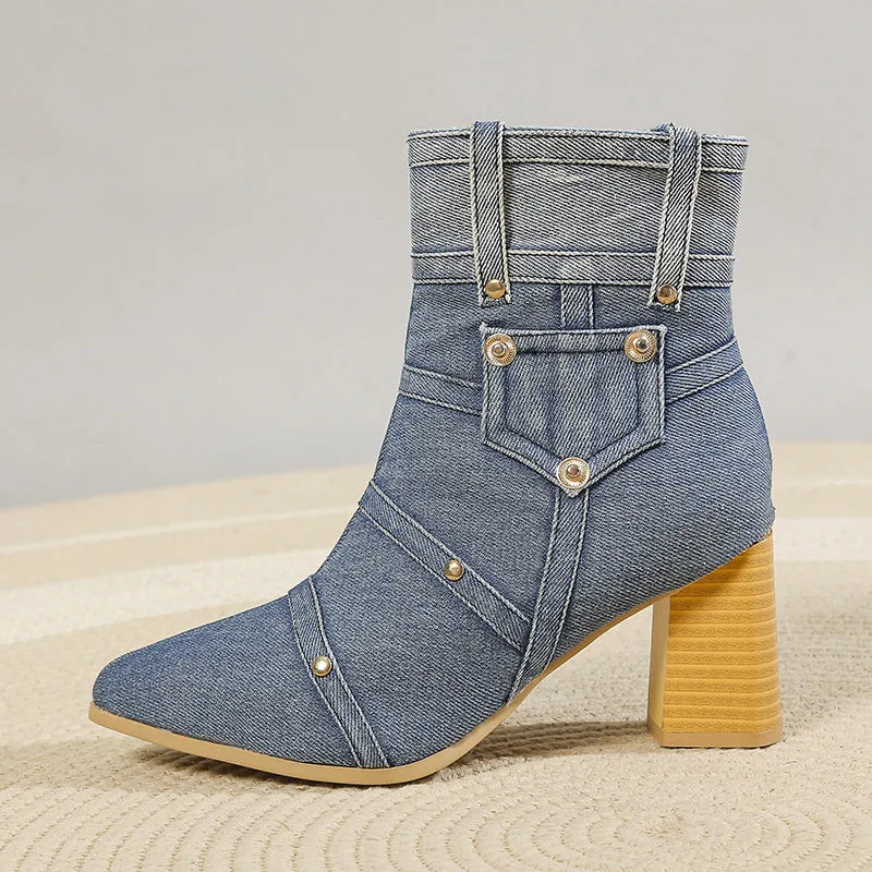 Women's denim pointed toe chunky heel Martin boots in black with artificial PU upper and rubber sole