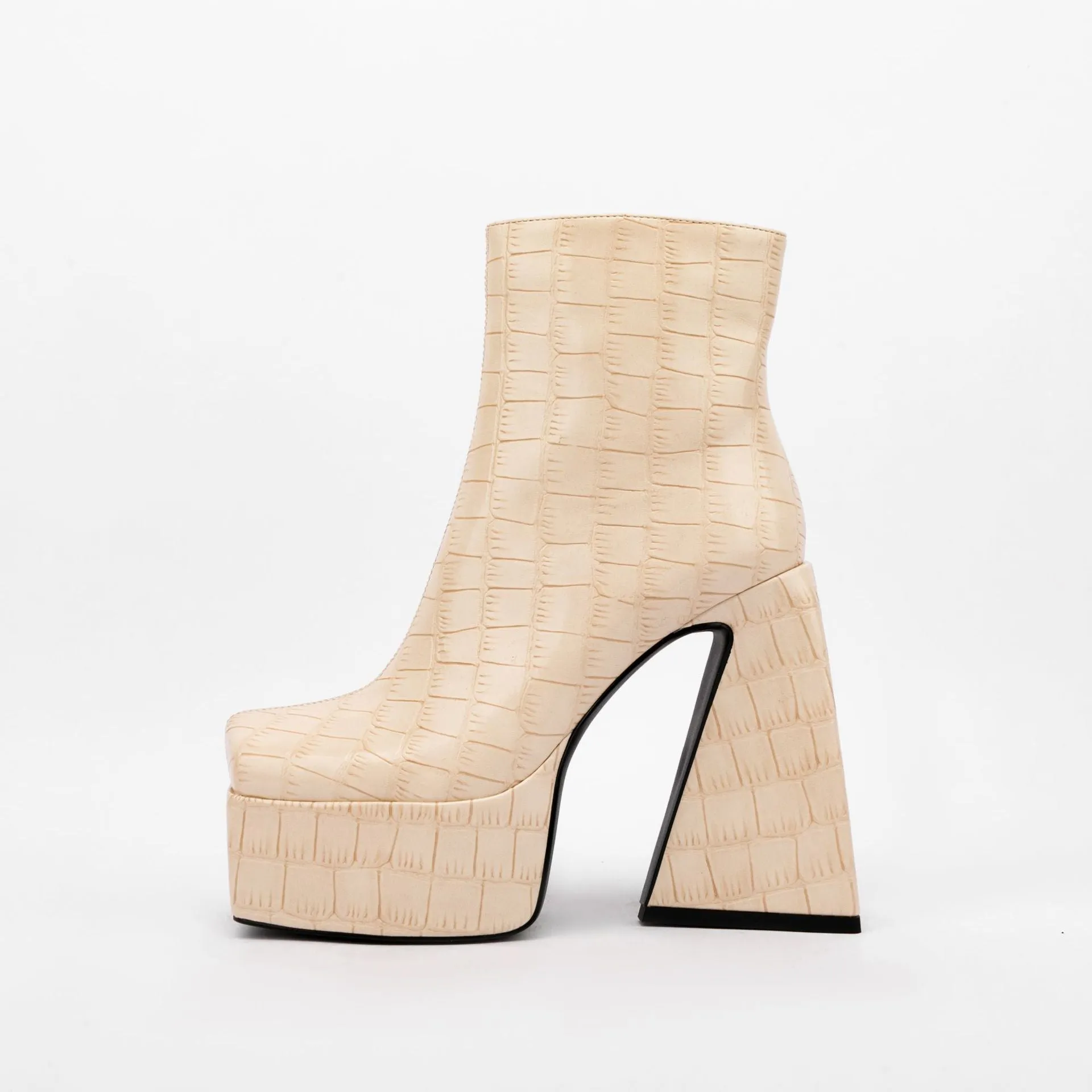 Women's ankle boot with a high heel in a solid colour, shown in a choice of red, green, black, beige, or brown.