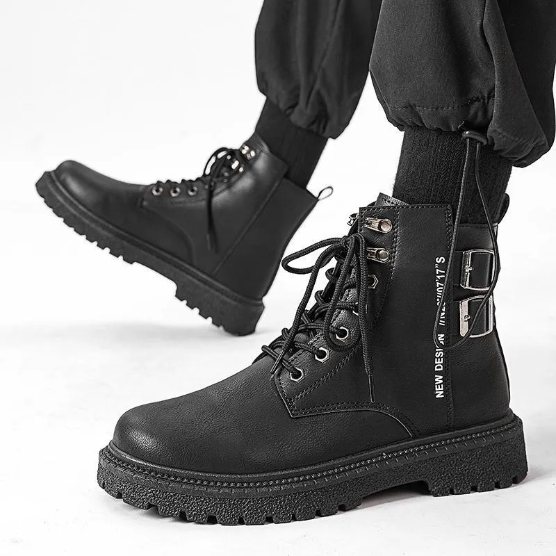 High-top winter hiking boots in black with thick bottom, PU upper, leather stitching, round toe, and front lace-up closure