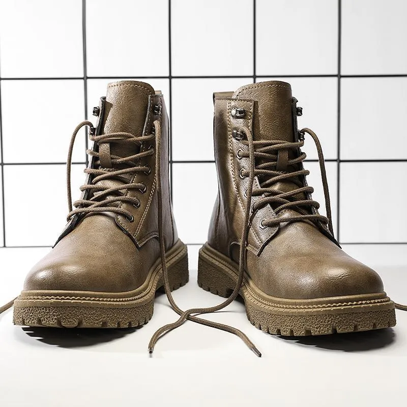 High-top winter hiking boots in black with thick bottom, PU upper, leather stitching, round toe, and front lace-up closure