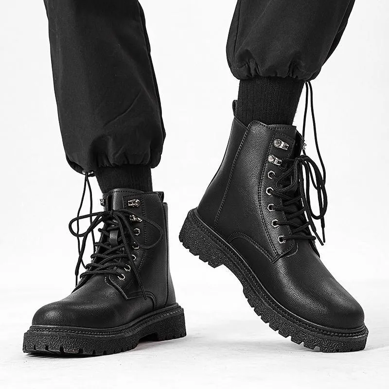 High-top winter hiking boots in black with thick bottom, PU upper, leather stitching, round toe, and front lace-up closure