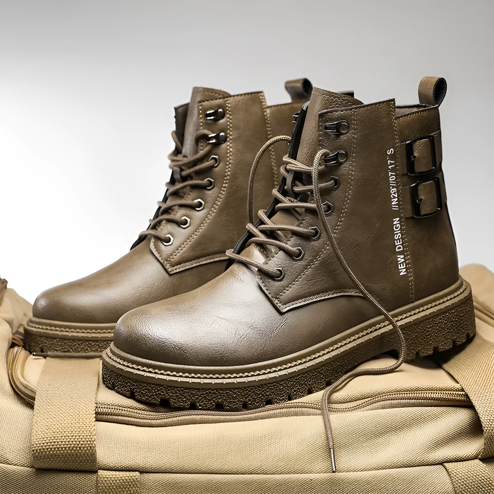 High-top winter hiking boots in black with thick bottom, PU upper, leather stitching, round toe, and front lace-up closure