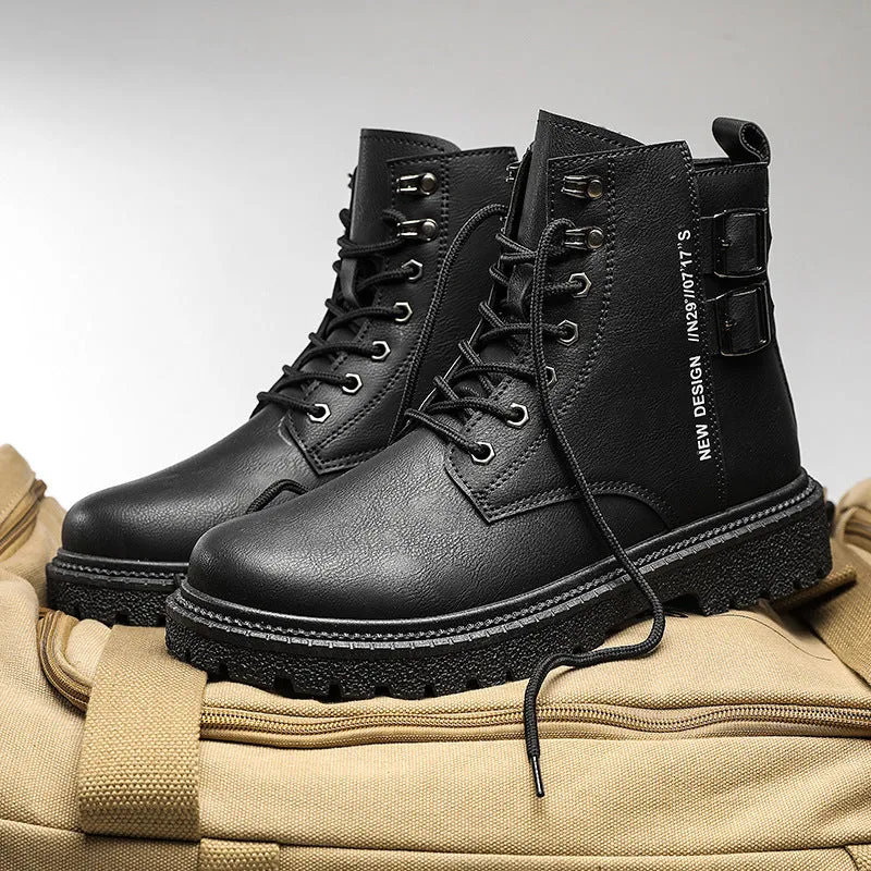 High-top winter hiking boots in black with thick bottom, PU upper, leather stitching, round toe, and front lace-up closure