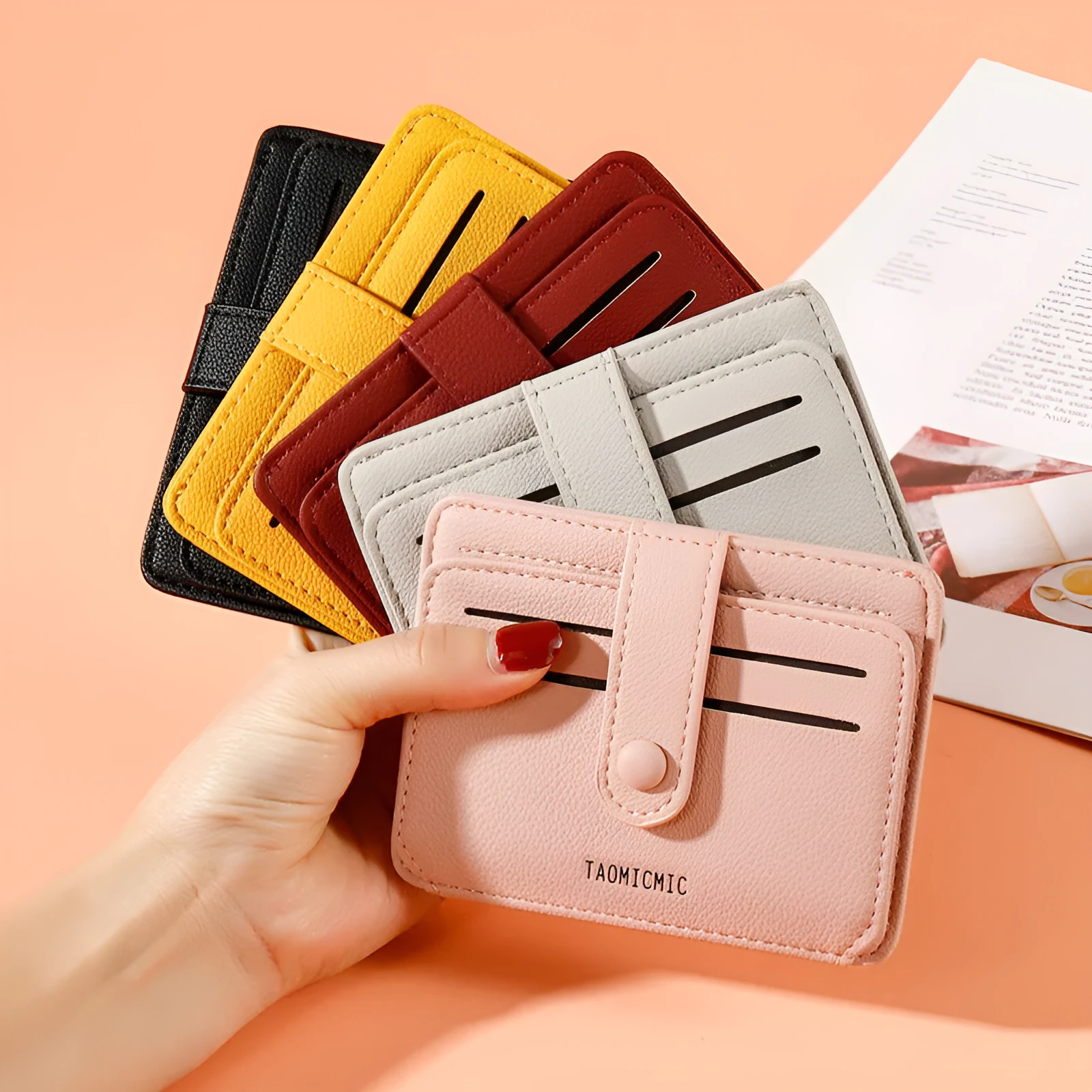 New driver's license card holder short PU bag for women, buckle closure, multiple card slots, pink colour
