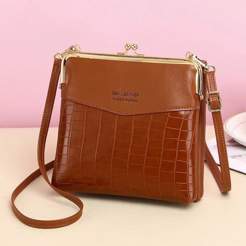 Retro solid colour PU leather messenger shoulder bag 18x4x17cm with embossed finish and multiple internal pockets