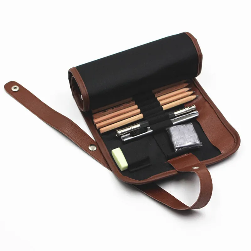 Complete drawing and illustration set with case containing pencils, charcoal, and eraser tools