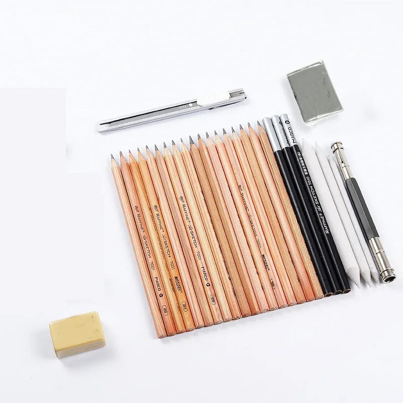 Complete drawing and illustration set with case containing pencils, charcoal, and eraser tools