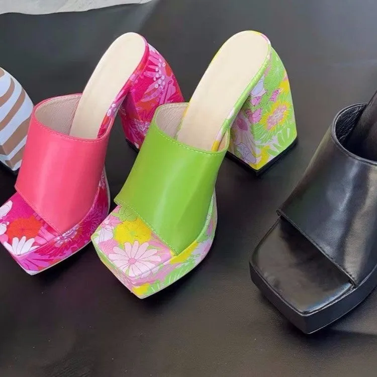 Women's square toe high heel sandals in PU leather, fish mouth design, available in multiple colours, sizes 35-43