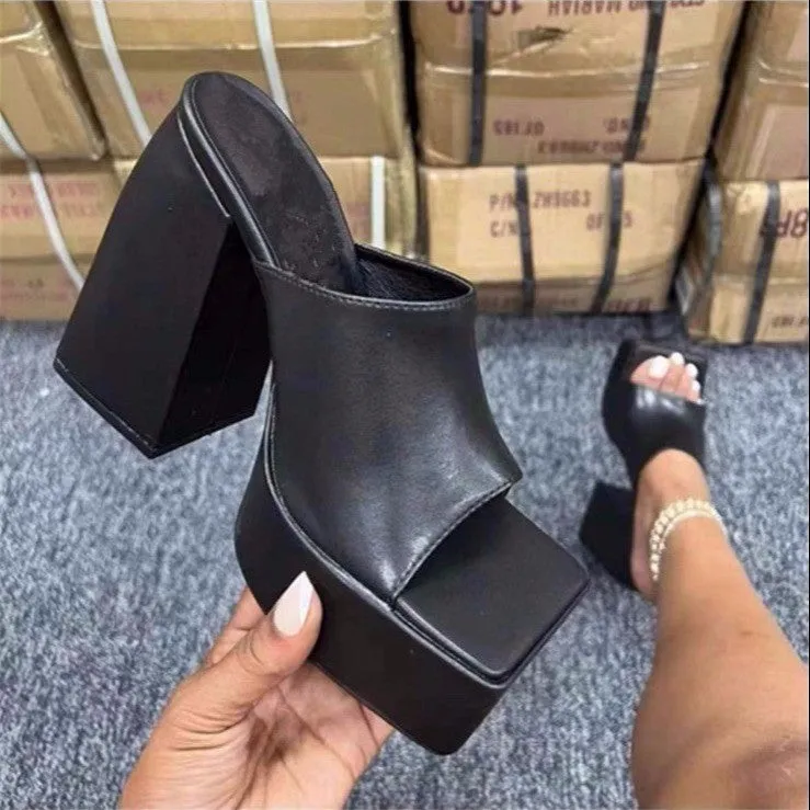 Women's square toe high heel sandals in PU leather, fish mouth design, available in multiple colours, sizes 35-43