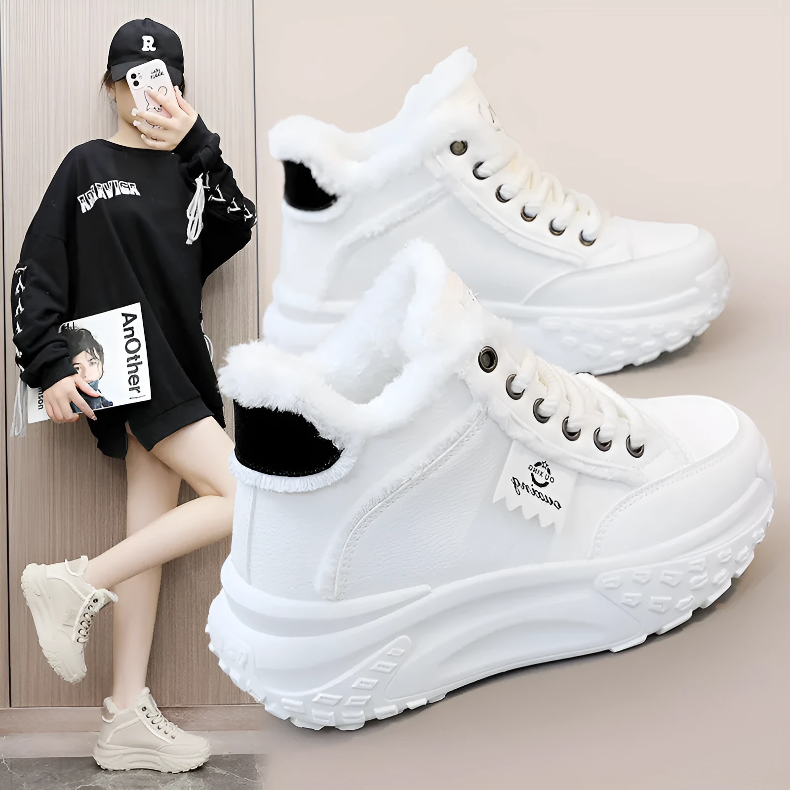 Ladies casual low top sneakers in white with thick rubber sole and round toe