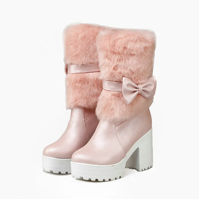 Women's thick heel snow sweet bow boots in beige with chunky heel, waterproof platform, and bow detail on artificial PU upper