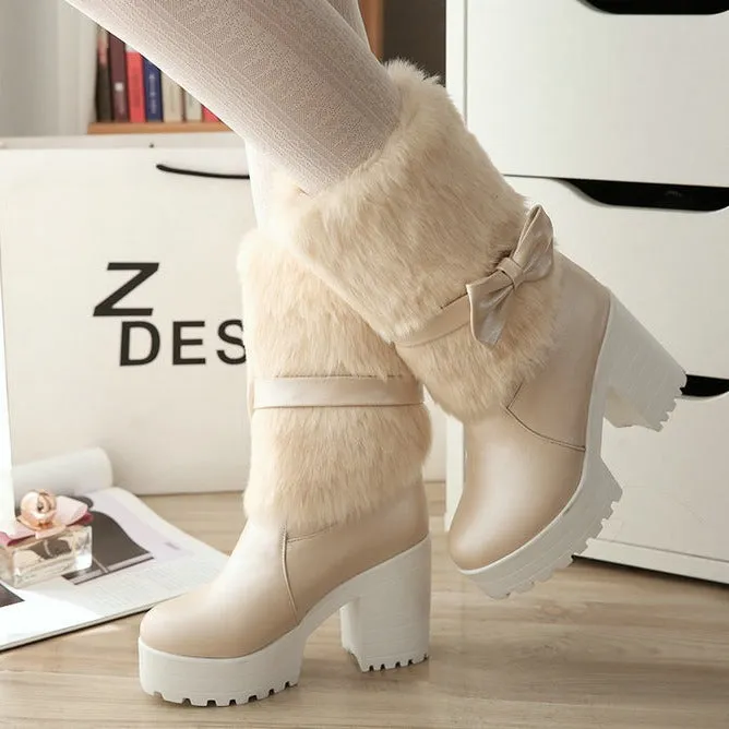 Women's thick heel snow sweet bow boots in beige with chunky heel, waterproof platform, and bow detail on artificial PU upper