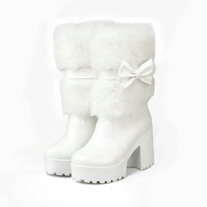 Women's thick heel snow sweet bow boots in beige with chunky heel, waterproof platform, and bow detail on artificial PU upper