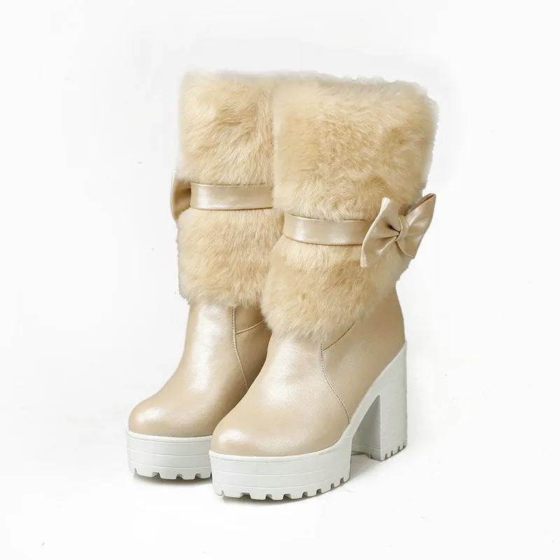 Women's thick heel snow sweet bow boots in beige with chunky heel, waterproof platform, and bow detail on artificial PU upper