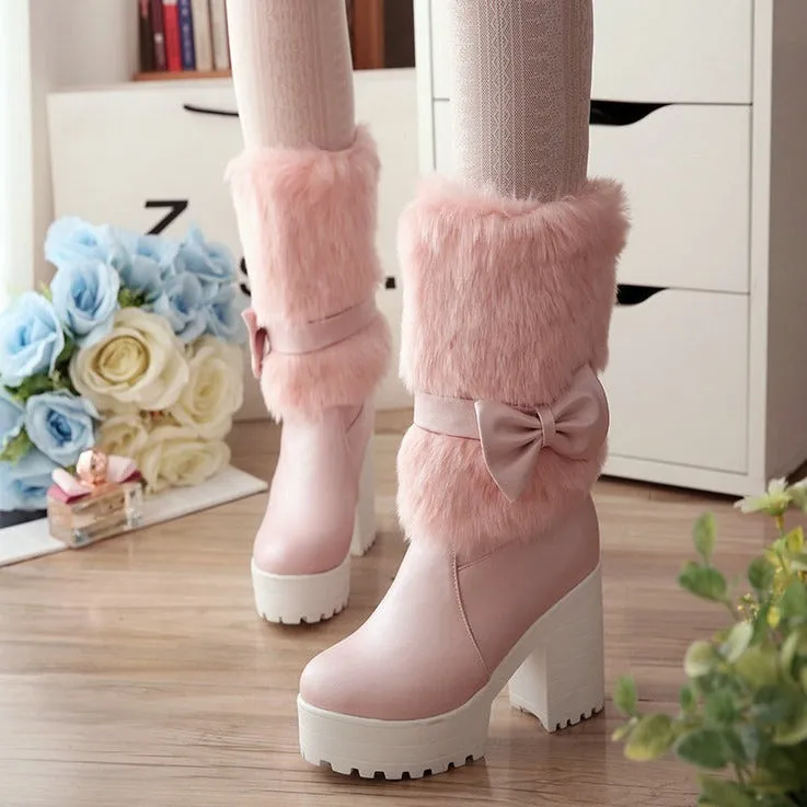 Women's thick heel snow sweet bow boots in beige with chunky heel, waterproof platform, and bow detail on artificial PU upper
