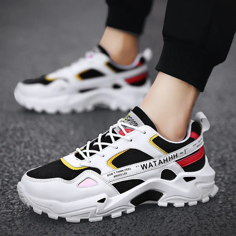 Men's breathable colour-blocked casual sneakers in beige and black, side view