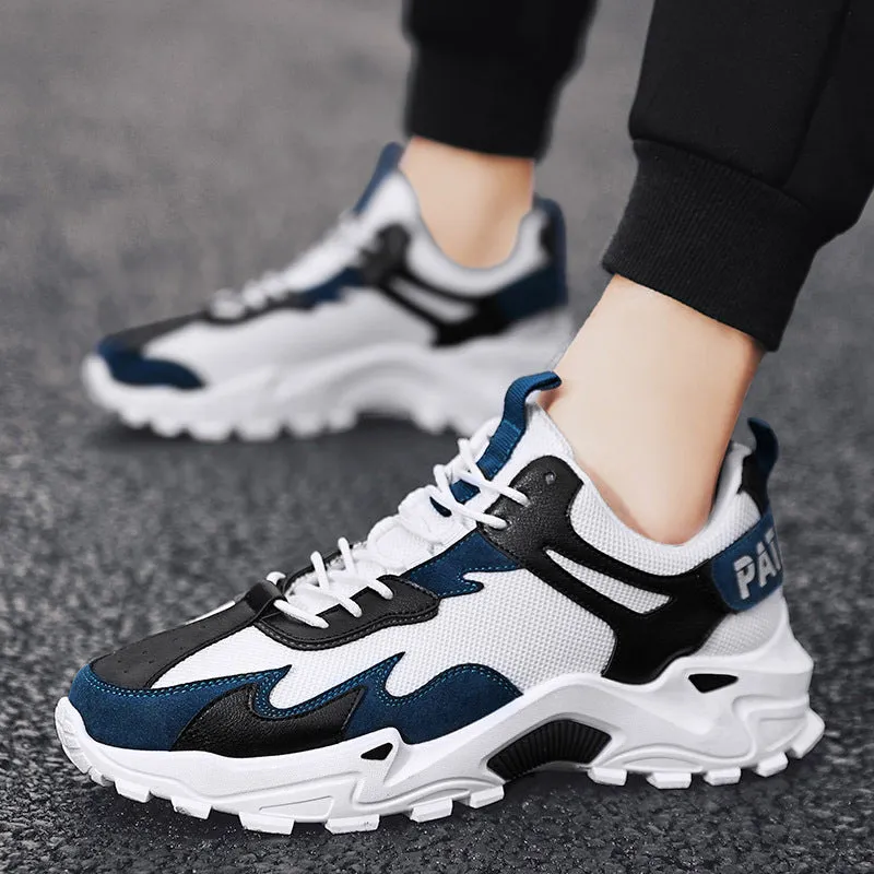 Men's breathable colour-blocked casual sneakers in beige and black, side view