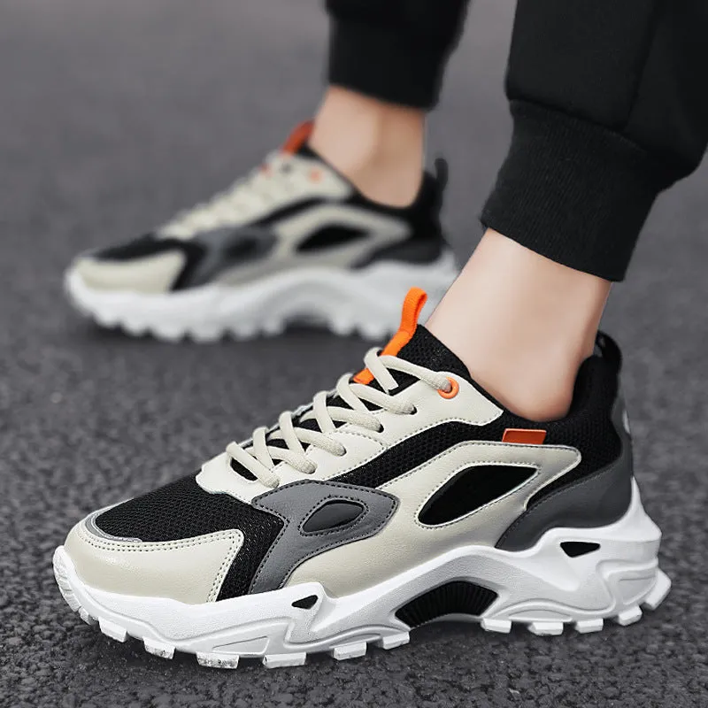 Men's breathable colour-blocked casual sneakers in beige and black, side view