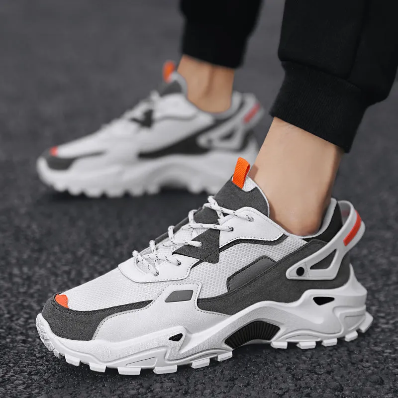 Men's breathable colour-blocked casual sneakers in beige and black, side view