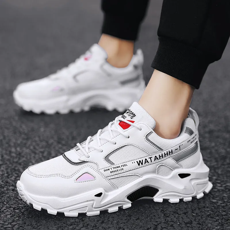 Men's breathable colour-blocked casual sneakers in beige and black, side view