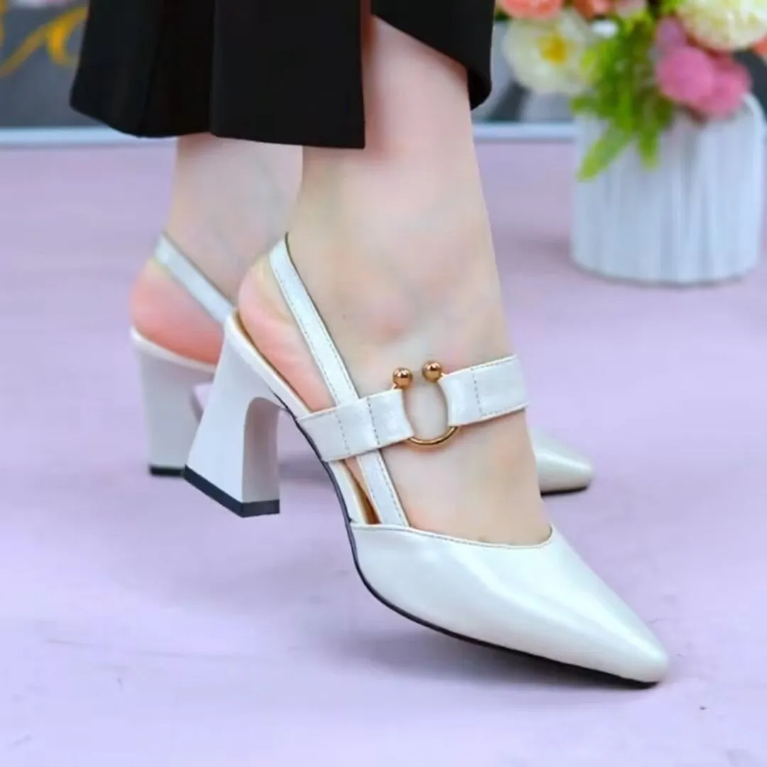 Women's apricot coloured closed toe leather sandals with a chunky heel and oversleeve back.