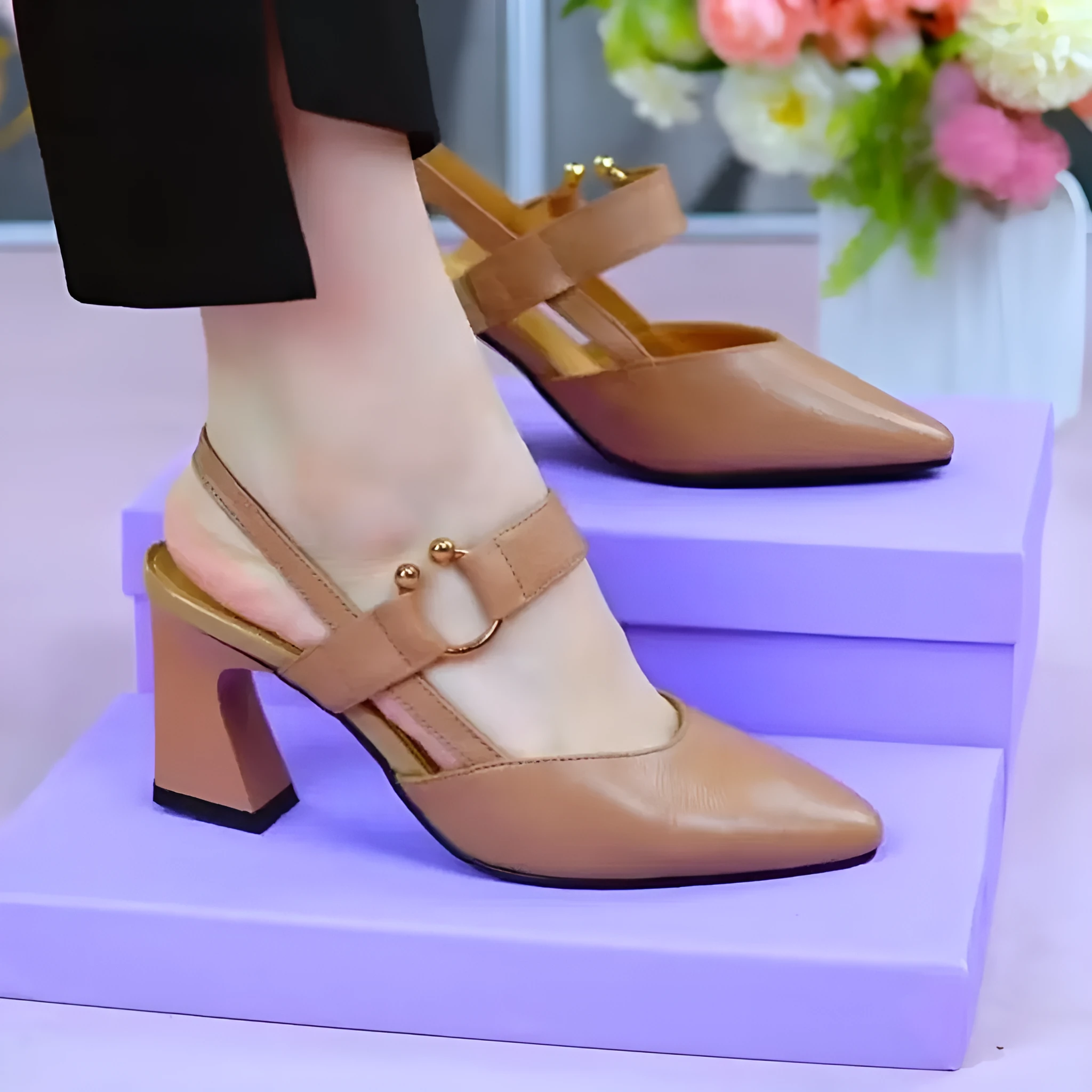Women's apricot coloured closed toe leather sandals with a chunky heel and oversleeve back.