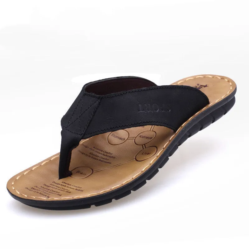 Men's cowhide leather driving flip-flops with rubber sole in black, open-toe style