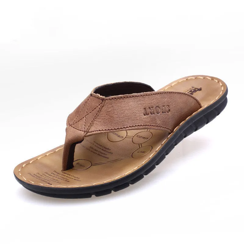 Men's cowhide leather driving flip-flops with rubber sole in black, open-toe style