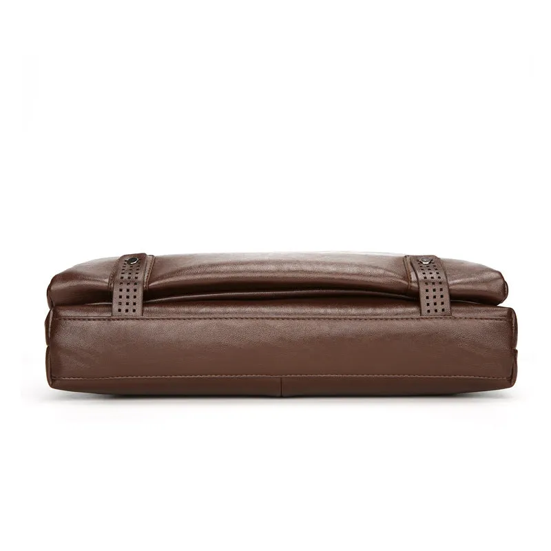 Men's leisure PU leather laptop bag briefcase in horizontal square shape with zipper, 38x28x7 cm