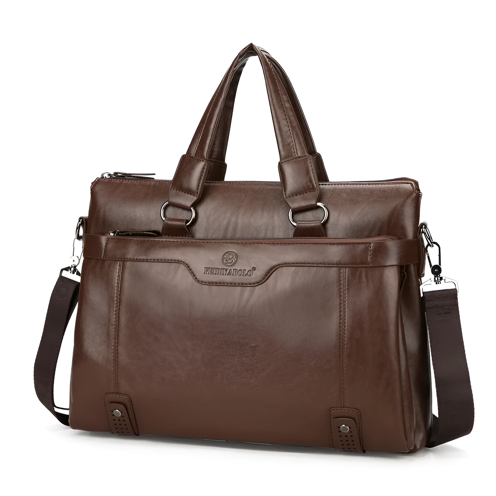 Men's leisure PU leather laptop bag briefcase in horizontal square shape with zipper, 38x28x7 cm
