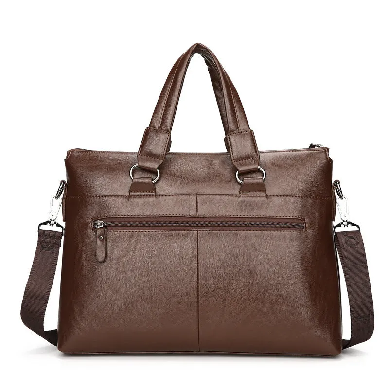 Men's leisure PU leather laptop bag briefcase in horizontal square shape with zipper, 38x28x7 cm