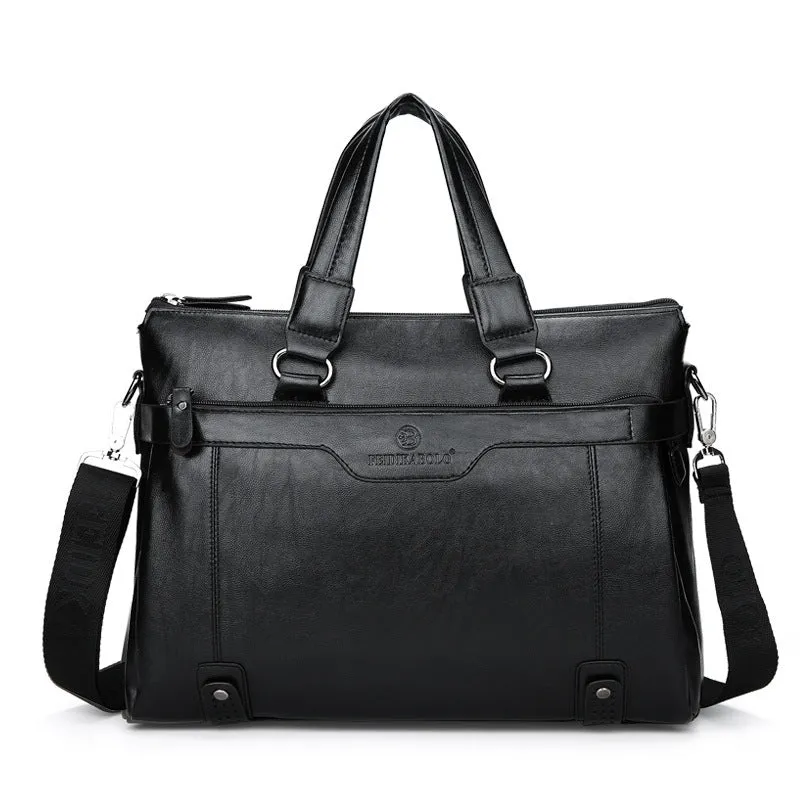 Men's leisure PU leather laptop bag briefcase in horizontal square shape with zipper, 38x28x7 cm