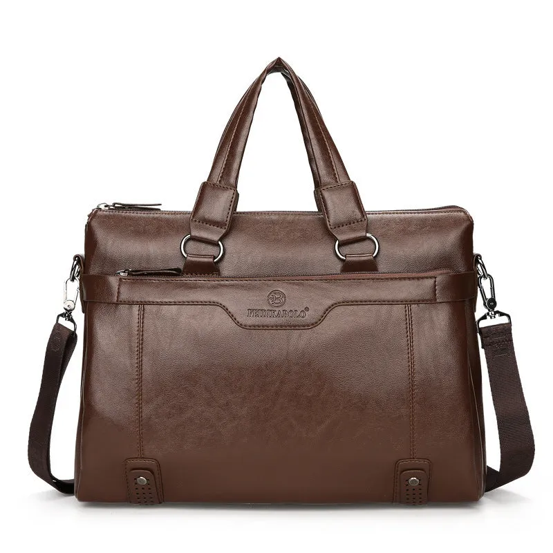 Men's leisure PU leather laptop bag briefcase in horizontal square shape with zipper, 38x28x7 cm