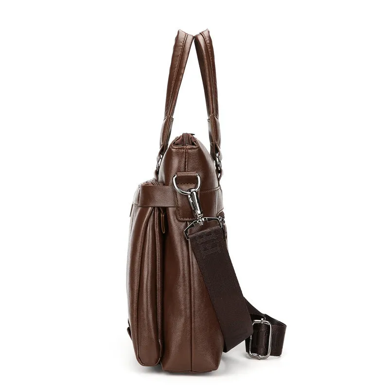 Men's leisure PU leather laptop bag briefcase in horizontal square shape with zipper, 38x28x7 cm