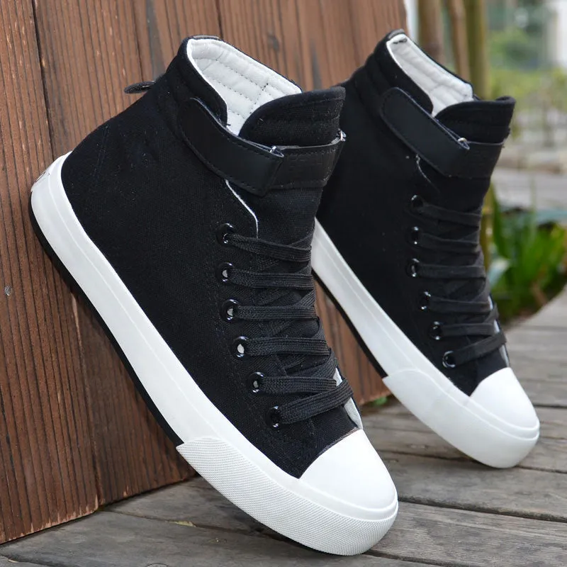 Velcro student canvas shoes high top round toe flat heel vulcanised rubber sole in black and white