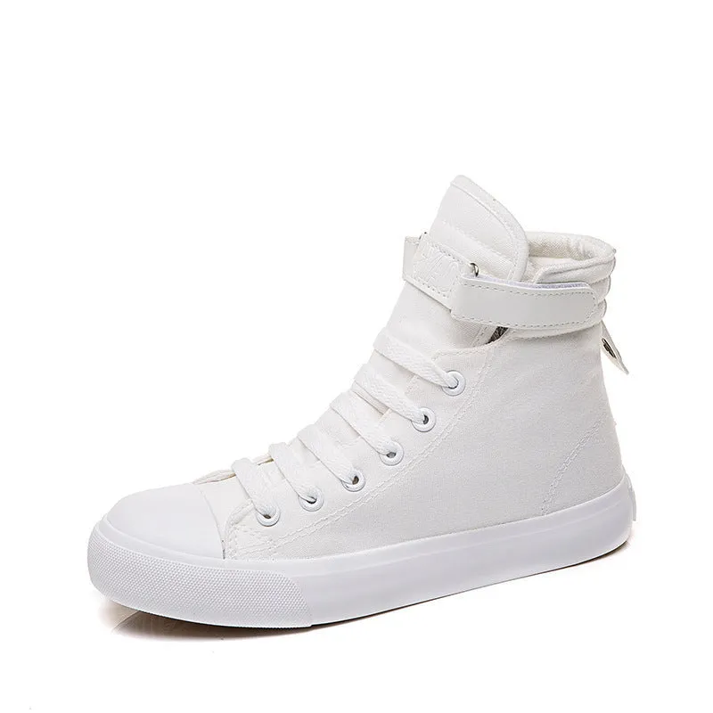 Velcro student canvas shoes high top round toe flat heel vulcanised rubber sole in black and white