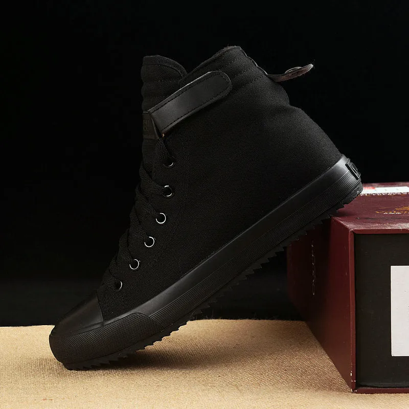 Velcro student canvas shoes high top round toe flat heel vulcanised rubber sole in black and white