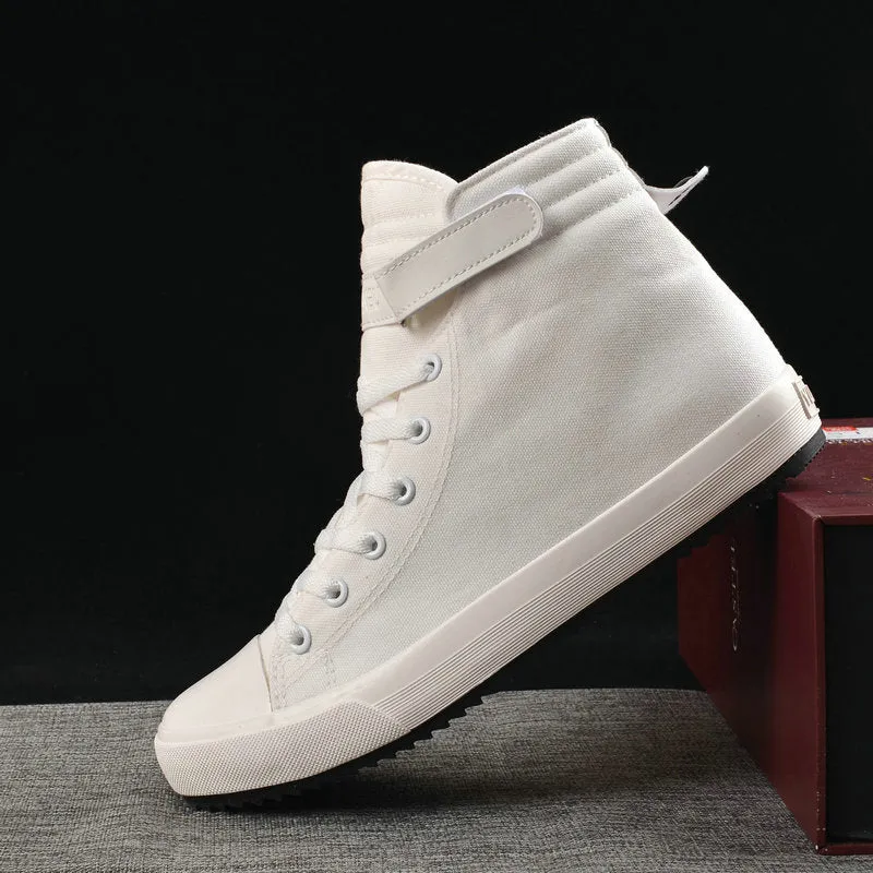 Velcro student canvas shoes high top round toe flat heel vulcanised rubber sole in black and white
