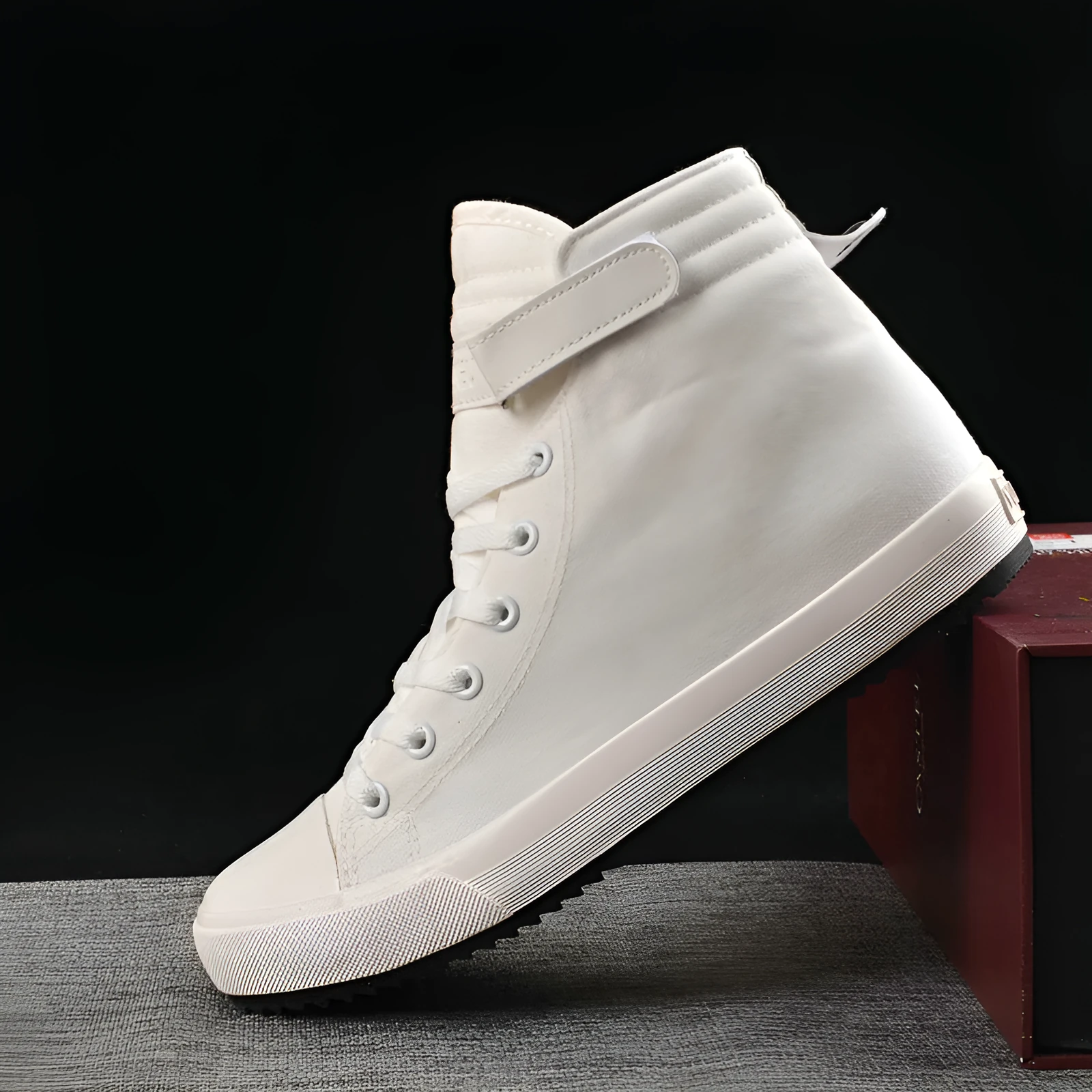 Velcro student canvas shoes high top round toe flat heel vulcanised rubber sole in black and white