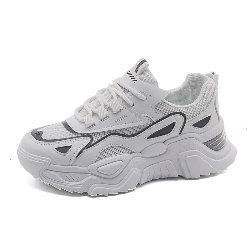 Women's dad shoes thick-soled low-top platform sneakers in white, black, and beige on a light background