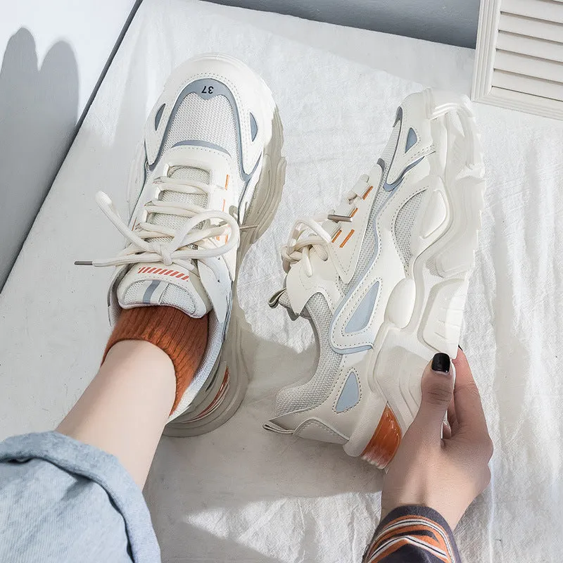 Women's dad shoes thick-soled low-top platform sneakers in white, black, and beige on a light background