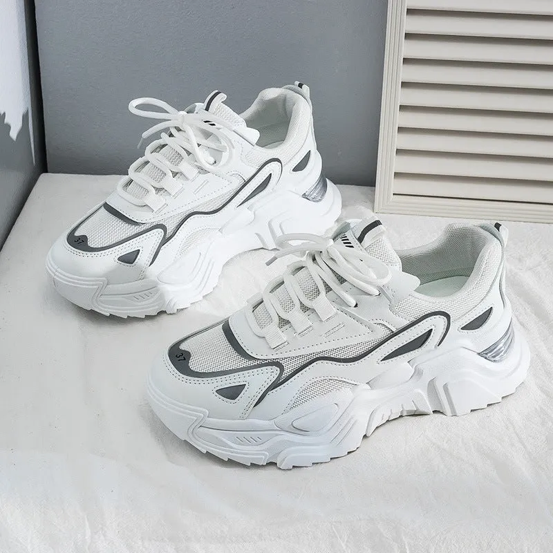 Women's dad shoes thick-soled low-top platform sneakers in white, black, and beige on a light background